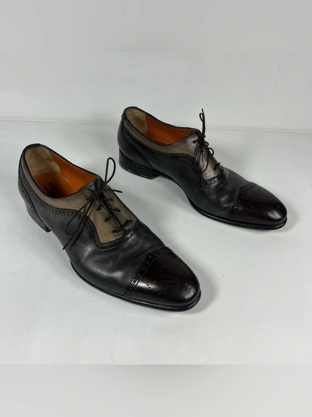 Santoni Leather Cap Toe Oxford Dress Shoes Multi Tone Made in Italy Size 9.5